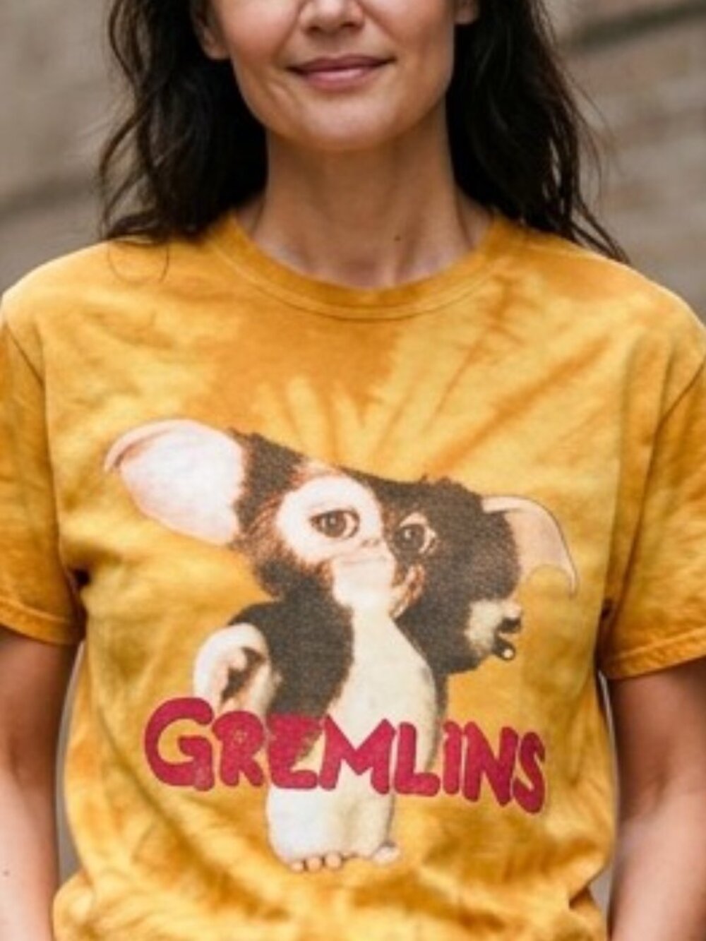 Y2K Mustard Yellow Tie Dye Gremlins Gizmo Graphic Short Sleeve Crop Top - S